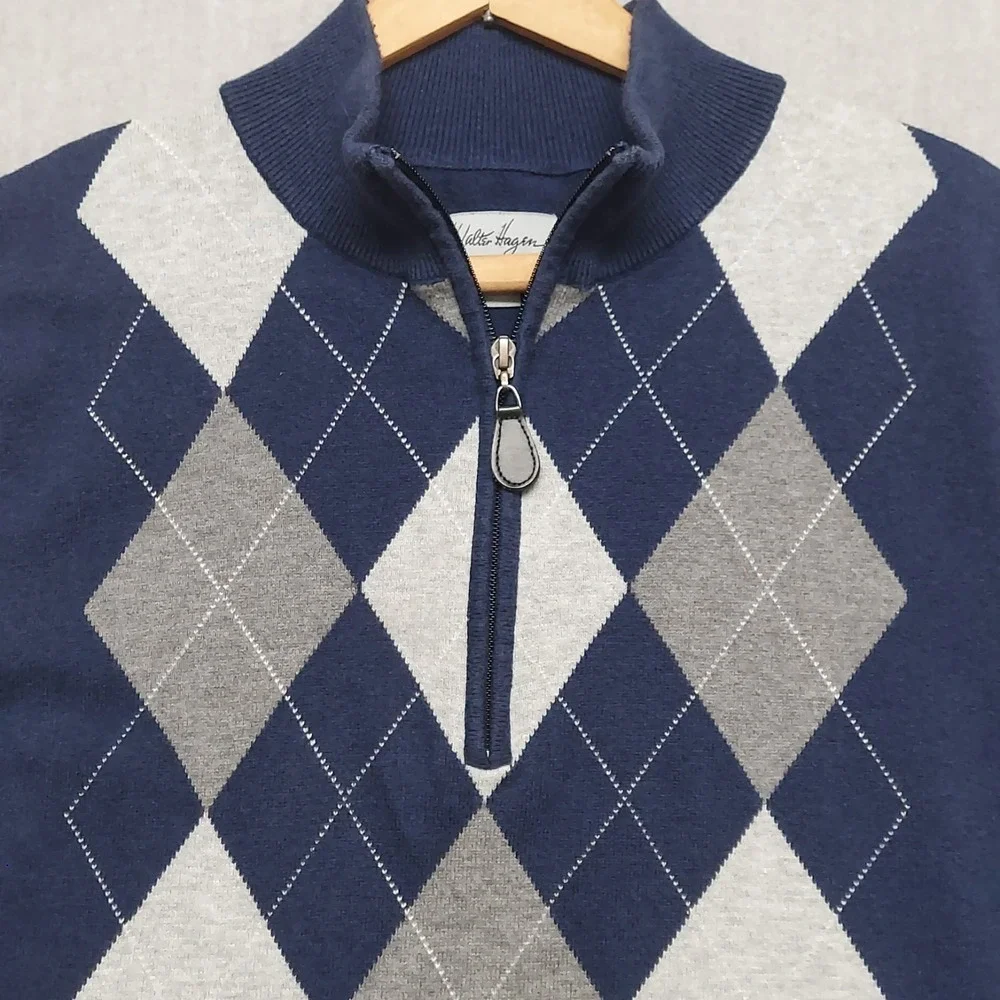 Walter Hagen Sweater Vest Men L 1/4 Zip Argyle‎ Knit Blue Golf Preppy Classic